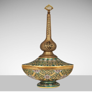 Luxurious green and gold enamelled surmedani <b>container</b> with intricate Islamic calligraphy and patterns, at wholesale prices. - Product Image 1