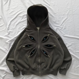 Sweat-shirt à capuche surdimensionné pour homme avec fermeture éclair et motif œil, couleur unie, en coton tricoté, style streetwear - Product Image 1