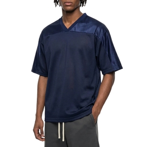 Maillot de football pour homme, bleu marine, en maille, avec col en satin, col en V, vêtements de sport athlétiques, maillot personnalisé en gros - Product Image 4