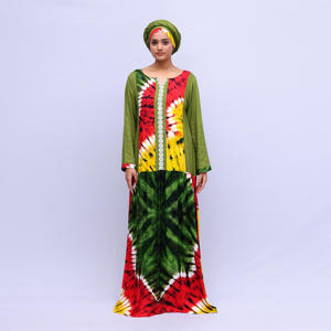 ชุดคาฟตันผ้าเรยอนลายมัดย้อมสุดโดดเด่น ดีไซน์ผ้าต่อสีตัดกัน แต่งขอบลูกไม้ แขนยาว สง่างาม ยาวคลุมเท้า เหมาะสำหรับวันอีดและเดือนรอมฎอน - Product Image 1