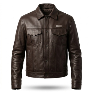 Dark Brown Genuine Real Leather Trucker Jacket Quilted <b>Lined</b> Embossed Back Logo Snap Button Pocket Outerwear <b>Coat</b> - Product Image 1