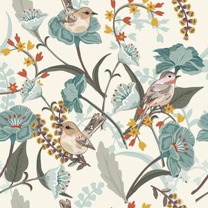 Carta da Parati Adesiva Vintage Botanica Beige Crema con Uccelli e Foglie Verdi, Facile da Installare, Decorazione Murale - Product Image 1