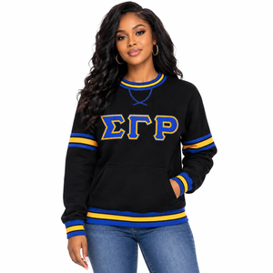 Sigma Gamma Rho <b>Black</b> Chenille Letter Crewneck <b>Sweatshirt</b> with Kangaroo Pocket Royal Blue Gold Striped Ribbed Trim Greek Apparel - Product Image 1