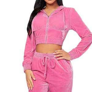Custom Logos Plus Size Custom Ladies <b>Velvet</b> <b>Tracksuit</b> with Embroidered Cropped Top and Shorts - Product Image 5