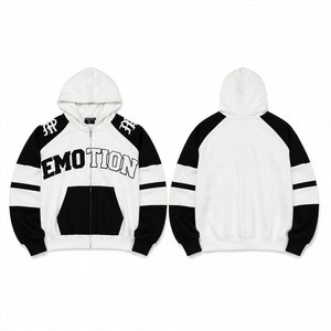 เสื้อฮู้ดซิปผู้ชาย สีดำขาว แขนเสื้อแบบแร็กแลน สไตล์สตรีทแวร์ ทรงโอเวอร์ไซส์ ผ้าฝ้ายฟลีซ ระบายอากาศได้ดี มีกระเป๋า - Product Image 1