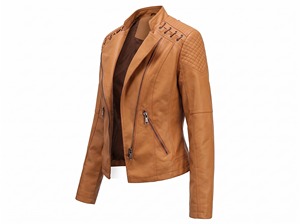 <b>Women's</b> Tan Genuine <b>Leather</b> Motorcycle <b>Jacket</b> Lace Up Back Stand Collar Quilted Shoulders <b>Moto</b> Biker Coat - Product Image 3