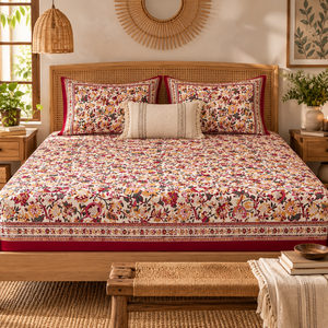 Parure de lit ajustée de luxe 3 pièces en coton pur bio 200TC, imprimée à la main style Jaipuri, motifs floraux, qualité supérieure, écologique, toutes saisons - Product Image 4