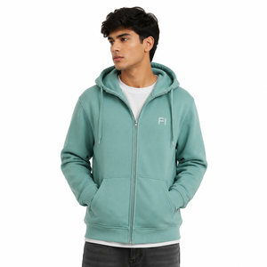Sudadera con capucha y cremallera para hombre, personalizada al por mayor, de color liso, forro polar, corte regular, mezcla de algodón, con logo bordado frontal - Product Image 1