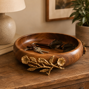 Luxury Handcrafted <b>Mango</b> <b>Wood</b> Serving <b>Bowl</b> Gold Rim Elegant Brass Floral Handle Artisan Fruit Salad <b>Bowl</b> for Home Use - Product Image 3