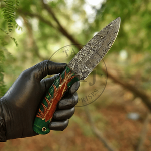 Cuchillo de Caza de Hoja Fija de Acero de Damasco Hecho a Mano con Mango de Hueso TARJ ENTERPRISES Modelo 9355 Funda de Cuero OEM Personalizable de Alta Calidad - Product Image 3