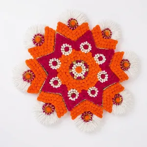 Tapis Rangoli Traditionnel en Coton à Pompons, Décoration Florale Orange et Rose pour Mariage, Festival, Entrée - Product Image 1