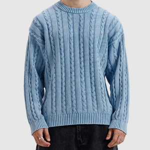 Pull en tricot torsadé blanc pour homme, manches longues, couleur unie, pull en tricot à col rond pour l'hiver - Product Image 1