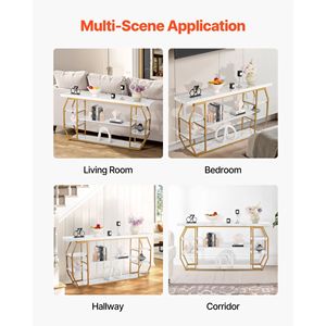 Mesa Consola Moderna de 3 Niveles con Superficie de Mármol, Almacenamiento Abierto, Tubos Geométricos de Hierro Dorado y Dispositivo Antivuelco - Product Image 6