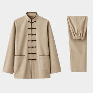 TESSUTO Conjunto de Chaqueta de Poliéster y Algodón para Artes Marciales, Color Beige Caqui, con Ribete Marrón, Traje Tang, Botones Tipo Rana y Cuello Mandarín - Product Image 1