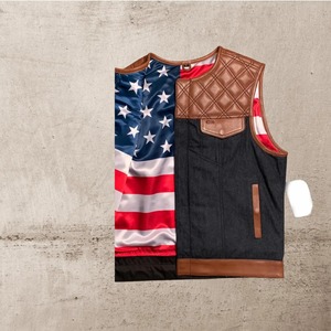 Mens Tan Leather <b>Biker</b> Vest Diamond Quilted USA Flag Motorcycle <b>Waistcoat</b> - Product Image 2