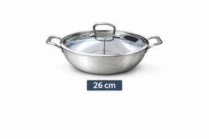 Wok (Kadhai) traditionnel haut de gamme en acier inoxydable triple couche avec couvercle et support de pot, wok durable en argent avec poignées latérales 26 cm - Product Image 3