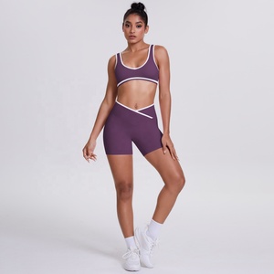 Purple Two-Piece Yoga Set Racerback <b>Crop</b> <b>Top</b> High Waist Shorts Seamless Contrast Binding Four-Way Stretch - Product Image 2