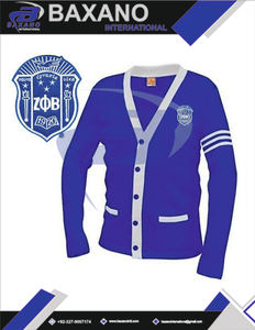 Suéter Cárdigan de la Hermandad Zeta Phi Beta, Tejido Azul Rey con Rayas Blancas y Logotipo Bordado ZPB, Ropa de Hermandad, Vida Griega - Product Image 4