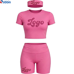 Conjunto Deportivo para Mujer, Top Corto de Manga Corta, Pantalones Cortos de Cintura Alta, Diadema, Conjunto de Yoga Atlético, Logotipo Personalizado de Moda, Conjunto de 3 Piezas - Product Image 3