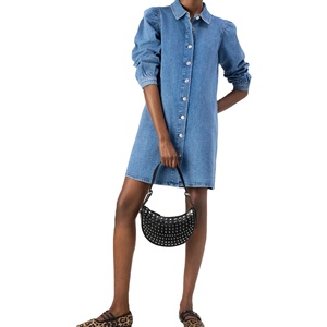 Robe chemise sans manches en dentelle froncée bleue pour femmes OEM Vêtements de mode trapèze pour femmes Vente en gros pour exportation BD - Product Image 2