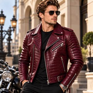 Veste de motard en cuir embossé bordeaux de luxe pour homme avec col montant et doublure en soie |   Veste de moto en cuir exotique - Product Image 1