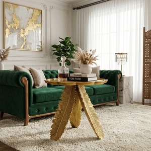 Forever Stylish Modern <b>Gold</b> Feather Side <b>Table</b> With <b>Round</b> Top For Living Room Furniture - Product Image 4