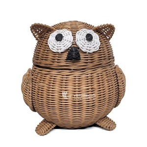 Owl-Shaped Rattan Storage <b>Basket</b> <b>with</b> <b>Lid</b>-Kids Animal-Themed Storage Solution - Product Image 1