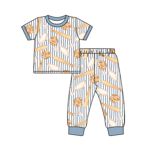 Ensemble de pyjama pour enfants sur le thème du sport automne/hiver OEM/ODM, imprimé à rayures de baseball et à carreaux, en spandex/polyester, manches courtes, pantalon de jogging à revers - Product Image 6