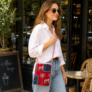 Bolso Bandolera Rojo de Algodón Hecho a Mano con Estampado Animal, Diseño Acolchado en Diamantes, Correa a Rayas, Cierre de Cremallera, Estilo Bohemio, Sostenible - Product Image 4