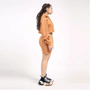 Custom Blank Cotton Polyester Blend Breathable Casual Hooded Sweatshirt and Shorts 2 Piece <b>Set</b> for Women - Product Image 2