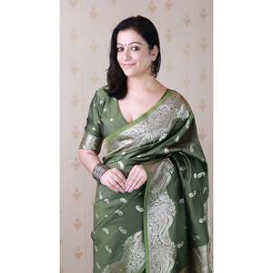Sari de Seda Suave Banarasi Verde Mehendi con Zari Plateado Tejido, Prenda Tradicional India Premium, Tejidos de Élite, 650g - Product Image 1
