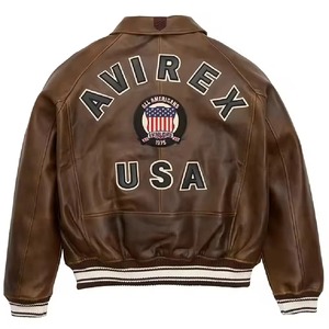 Wholesale Avirex Men's Brown Leather Bomber <b>Jacket</b> With Embroidered USA Patch Zipper Closure Turn-down Collar Autumn Style - Product Image 2