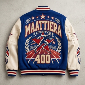 <b>Men</b> Blue Letterman <b>Jacket</b> Cream Leather Sleeves <b>Running</b> Graphic Embroidered Design Snap Front Ribbed Streetwear - Product Image 3
