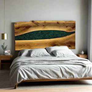 Cabecero de Cama de Madera con Borde Natural y Resina Epoxi con Incrustaciones de Resina Esmeralda - Product Image 2