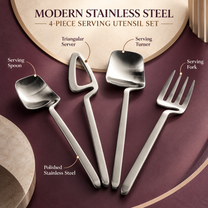 Ensemble d'ustensiles de service modernes en acier inoxydable, 4 pièces |   Cuillère de service, fourchette, spatule triangulaire, couverts polis pour la salle à manger - Product Image 5