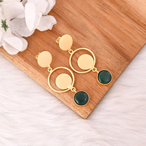 Stylish Elegant Natural Green <b>Onyx</b> Gemstone Bezel Set Gold Plated Brass Drop <b>Earrings</b> for Women - Product Image 2