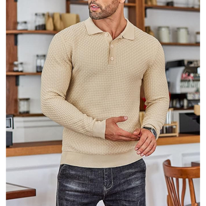 Men's Knitted Long Sleeve Polo Sweater Solid Color Autumn Casual Pullover Full Sleeve Button Closure <b>Beige</b> - Product Image 4