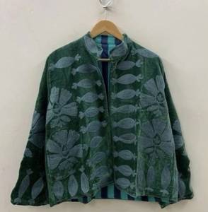 Wholesale Factory Custom <b>Women</b> Heavy Thread Embroidery Forest <b>Green</b> <b>Velvet</b> Breathable <b>Jacket</b> Casual Open Front Stand Collar Long - Product Image 4