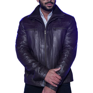 Blouson moto en cuir noir pour homme, col montant, fermeture éclair, coupe classique, grandes tailles, couleur unie, collection automne - Product Image 1