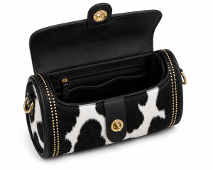 Sac en cuir à imprimé vache avec fermeture à boucle, motif noir et blanc, sac à main à bandoulière - Product Image 4