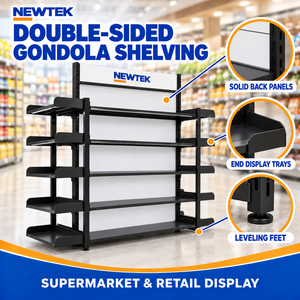 Estantería Metálica de 5 Niveles Newtek Negra para Supermercado, Góndola de Doble Cara, Expositor Independiente, Estantes Personalizables, Diseño Moderno - Product Image 3