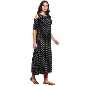 Kurti Negro de Algodón para Mujer, Estampado Geométrico, con Flecos, Corte en A, Mangas con Hombros Descubiertos, Ropa Casual de Verano, Secado Rápido, Reciclado - Product Image 3