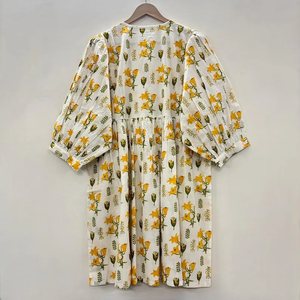 เสื้อทูนิคสั้นลายดอกพิมพ์ลายบล็อกด้วยมือ ผ้าฝ้ายรักษ์โลก คอวี แขนสามส่วน แต่งระบายลูกไม้ทำมือ ซักได้ ลายชิโนเซอรีแบบธรรมชาติ - Product Image 4