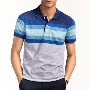 Polo en coton rayé pour homme, manches courtes, décontracté, respirant, coupe classique avec poche, bleu gris, couleur contrastée - Product Image 1