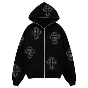 Sudadera con capucha y cremallera para hombre, con logotipo personalizado, de forro polar grueso, negra, con gráfico gótico de cristal y pedrería, estilo streetwear - Product Image 1