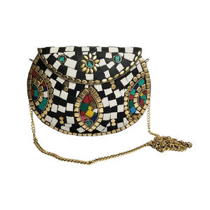 Sac à main en laiton blanc de créateur avec mosaïque et incrustation de pierre colorée Sac à main en métal fait main pour femmes Party Wear - Product Image 5