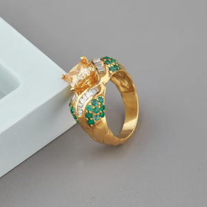 Flower <b>Cocktail</b> <b>Ring</b> Women's 18K <b>Gold</b> Plated Natural Diamond Round Prong Setting Emerald Green Engagement Glam Style - Product Image 4