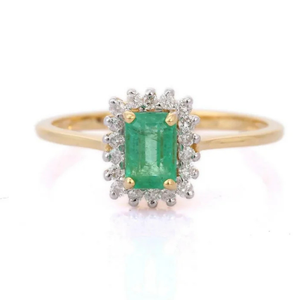 14K Solid <b>Gold</b> Emerald Diamond Statement <b>Ring</b> with Natural Stone - Product Image 1