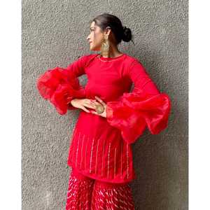 Ensemble de costume en mousseline de soie rouge pour femmes avec manches bouffantes, taille XS, matière crêpe - Product Image 6