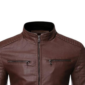 Men's Brown PU <b>Leather</b> Moto <b>Jacket</b> Stand Collar Zipper Closure Slim Fit Regular Sleeve Solid Color Autumn Style - Product Image 3